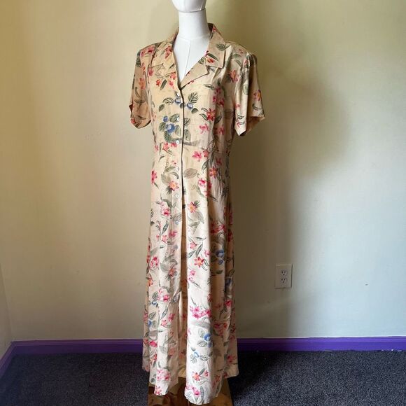 Vintage Cottagecore Floral Maxi Dress 100% Silk Button Front Tie Waist Large - Picture 8 of 8